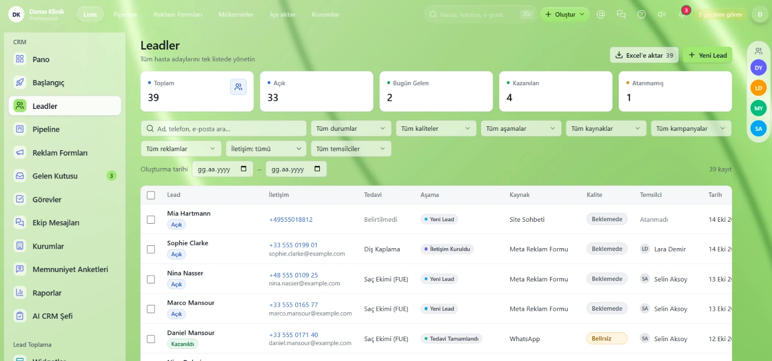 Websens CRM lead list and filters