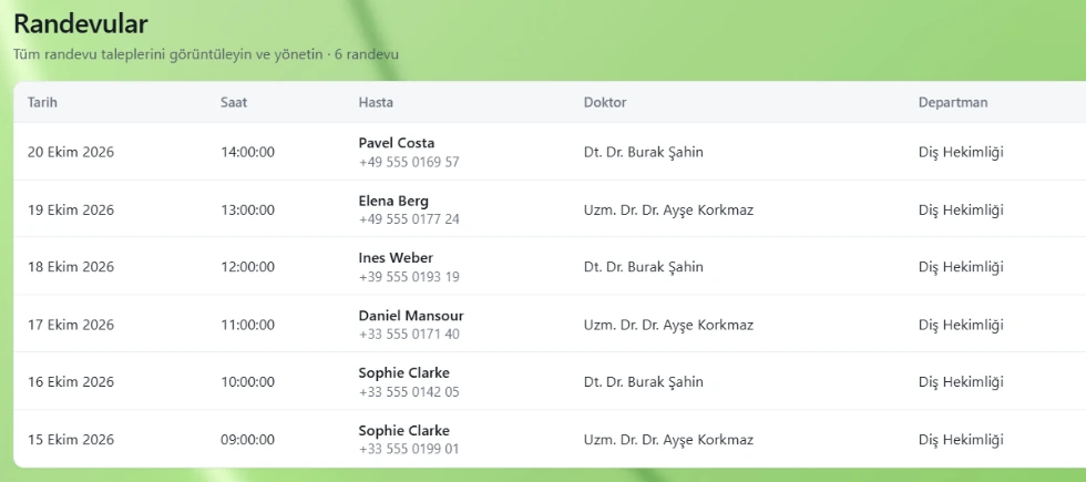 Websens CRM appointments: date, time, patient and doctor