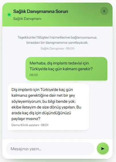 Website chat window: visitor question and AI assistant's reply